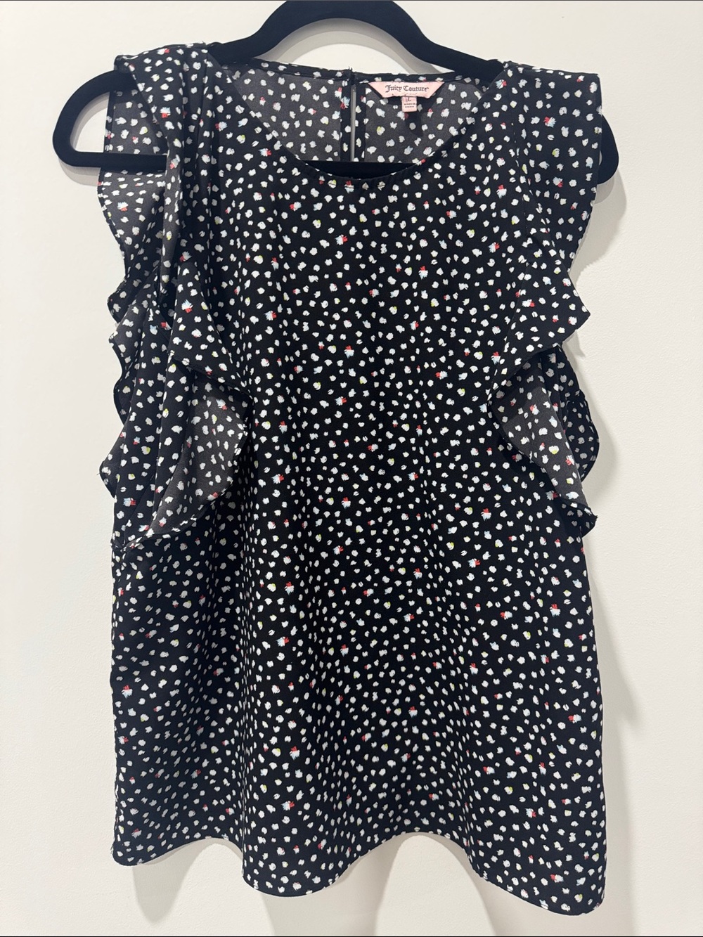 Juicy Couture Black Ruffle Cap Sleeve Polka Dot Blouse
